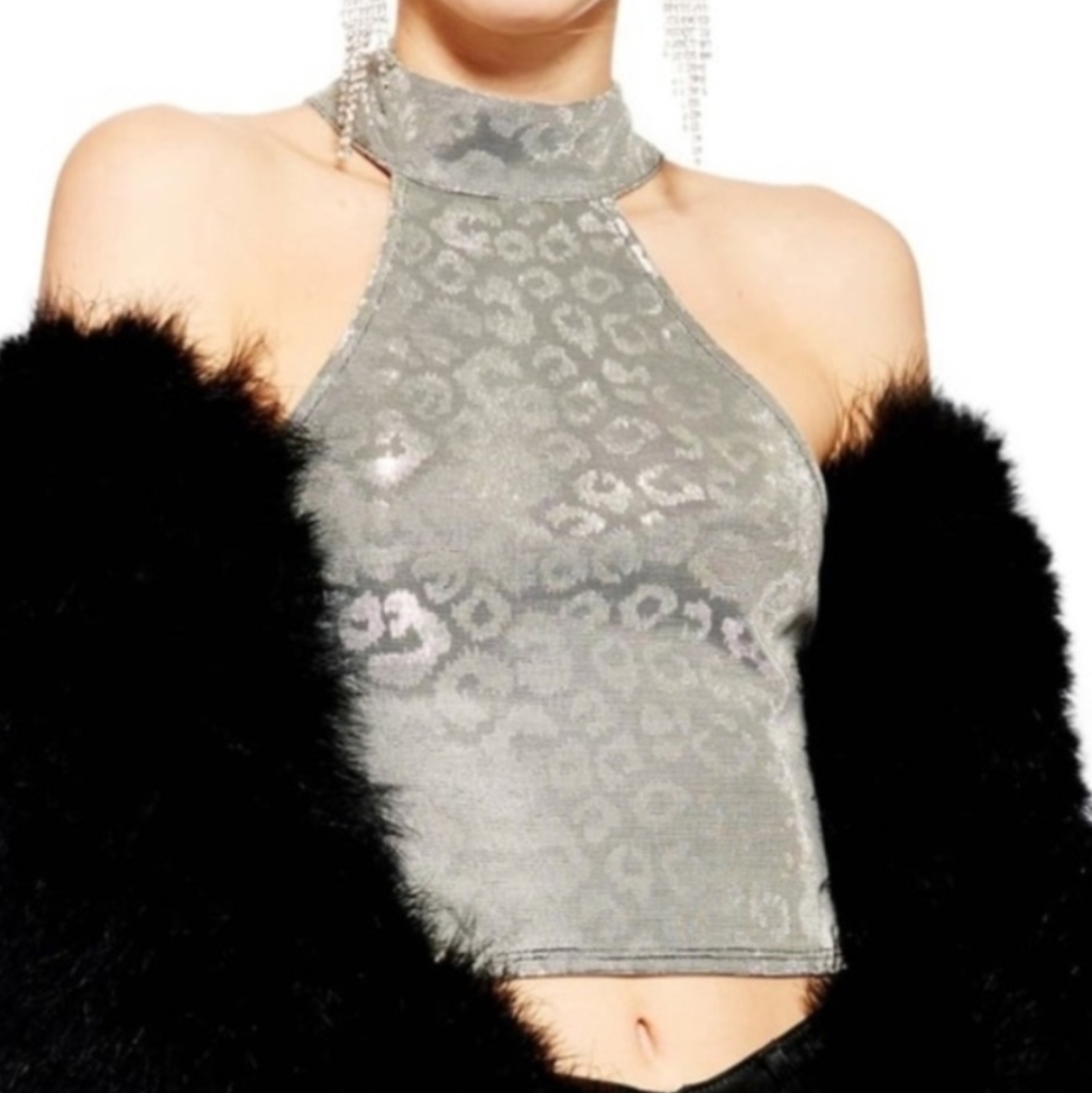 Nwt Topshop Silver Metallic Cheetah Y2k Halter Top Size 10